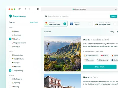 🏝 Vacation Search Result Page clean ui design desktop emojis filter fintory interface search search result tags ui ux vacation