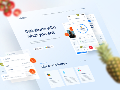 Dietaco - Landing page application card clean design diet fitness healthy landingpage lp minimal simple ui webdesign wrokout