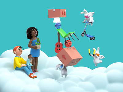 Celebrate The Done! 3d 3d characters c4d character cinema4d clouds illustration moving rabbits taskrabbit