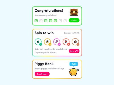 Monetisation cards for the 'Joyride' app card card design cash chest christmas daily login daily reward joyride kiwi money piggy bank reward