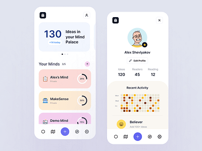 Mind Palace App / Mobile Minds & Profile achievements activity dashboard folders ideas information media mind mind palace mobile profile social ui