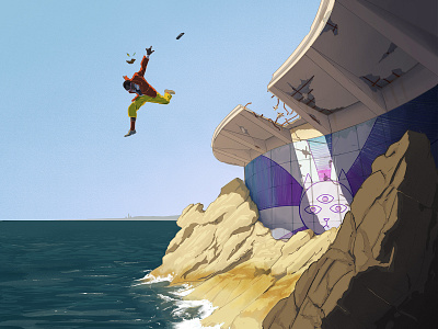 Jump 2d blue cat colorful comic cornice flying graph illustration jump madcats man marseille medi mediterranean orange rocks scenery sea street