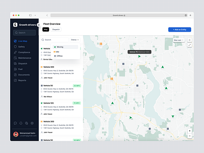 Growth Maintenance - Dashboard automated coaching coaching tips compliance compliant operations dashboard dispatch documents fuel hard braking live map maintenance ride share dashboard safety safety scores safety ui