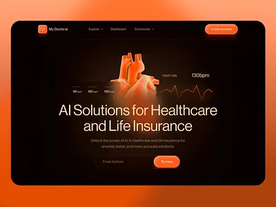 MyDoctor.ai: Healthcare AI Platform ai ai solutions anatomic heart clean layout dark theme digital healthcare health healthcare heart visualization innovative design innovative solutions landing page life insurance medical website ui user interface ux uxui web design wellness