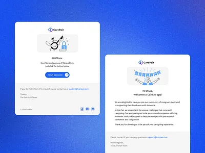 Clear Email Templates for Caregiving App accessibility brandconsistency caregiving cleanlayout digitalhealth emaildesign empatheticdesign healthcareapp illustration interactiondesign minimaldesign mobileapp onboarding passwordreset userfriendly