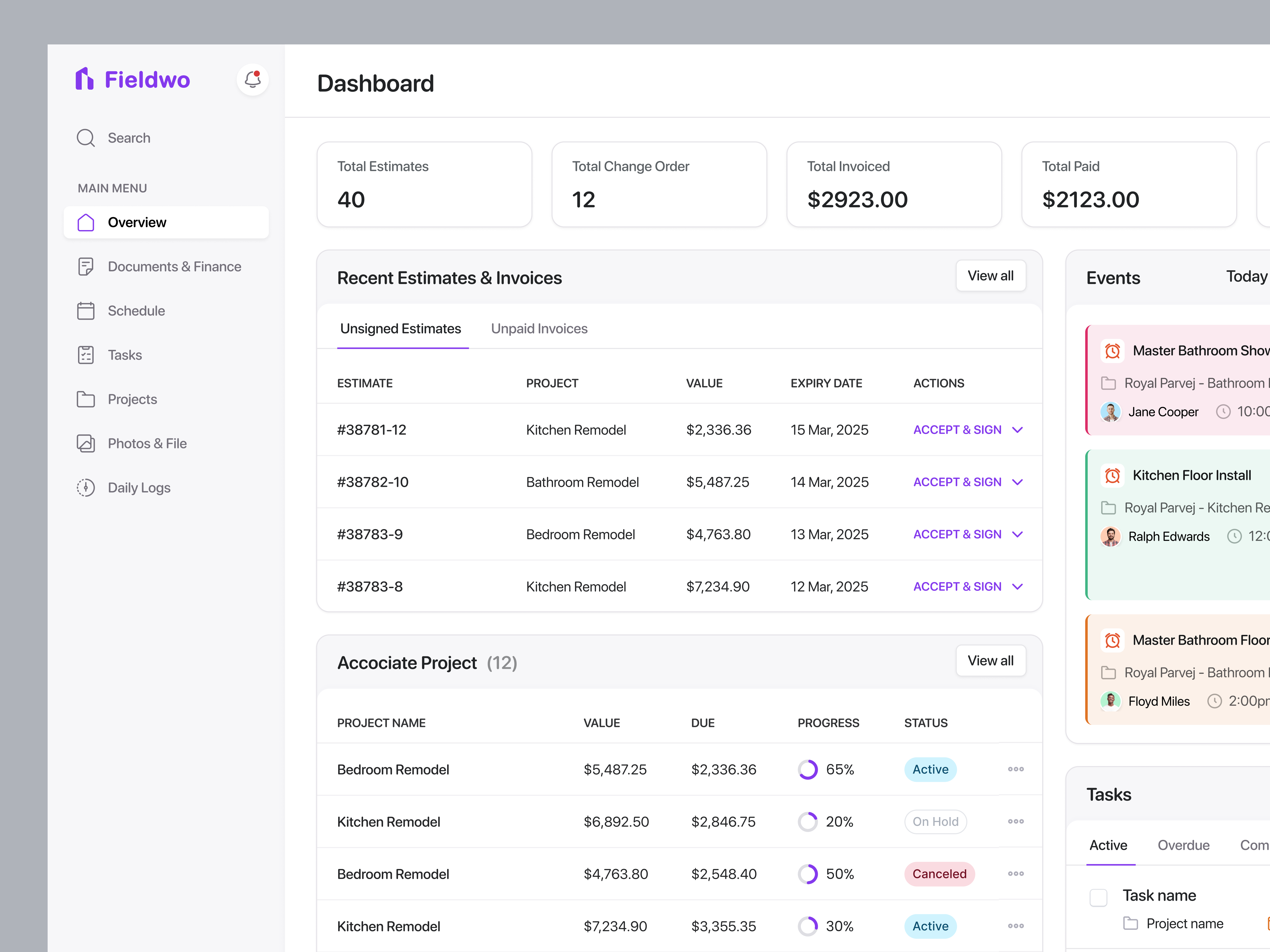 Customer Overview - Construction Management calendar construciton management crm customer overview dashboard estimates invoice product design project management roofing saas webapp scheduling task time tracking to do user panel webapp