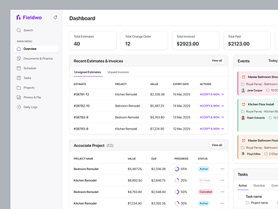 Customer Overview - Construction Management calendar construciton management crm customer overview dashboard estimates invoice product design project management roofing saas webapp scheduling task time tracking to do user panel webapp