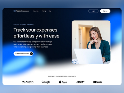 TrackExpenses - Expense Tracker Website💰 blue layout budgeting business solutions efficiency expense management expense tracker expense tracking finance fintech landing page minimal design money management software tracker ui user friendly user experience user interface ux website