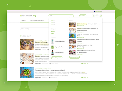 MyFairTrade — blog about health and nutritional supplements article article card autocomplete blog blog site e commerce food website green green theme health health blog health website landing nutrition nutritional supplements one article page online store search search improvements