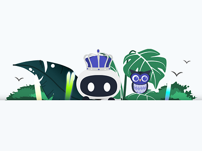 The King in his Jungle- Illustration 🌿 bird bush crown design graphic design grass illustration jungle leaf minimalist owl plant plants robot ui weed