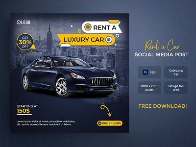 Rent A Car | Free PSD Social Media Instagram Post Design branding car car post car sale car shop design discount facebook post free social media post free template instagram post psd rent a car social media social media post social network square banner template