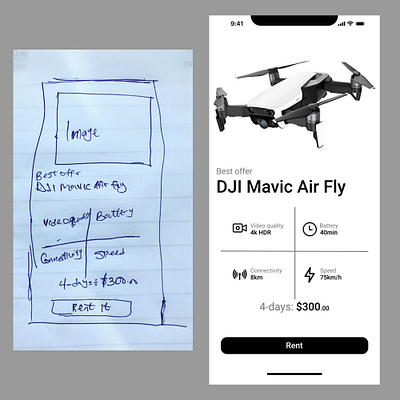 wireframe of a drone available for rentage app design ui ux wirefrmae