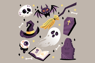 Halloween Elements Collection bat bones book broom cartoon coffin collection ghost gravestone halloween haunted haunting skull spellbook spells spooky web witch