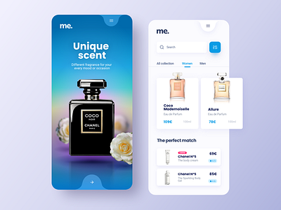 Unique scent app beauty chanel cosmetics e commerce app ecommerce fragrance mobile app online shop parfum perfume perfumery product design scent shop shopping store ui ux woman