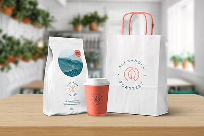 Alexander Roastery Coffee Branding and packaging beverage branding cafe clean coffee coffee cup family business food identity logo minimal monogram orange packaging retail shop