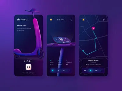 Bike - Mobile App Design app bicycle app bike dark mode dark ui illustration ios map mobile neon ride ride app route ui ux