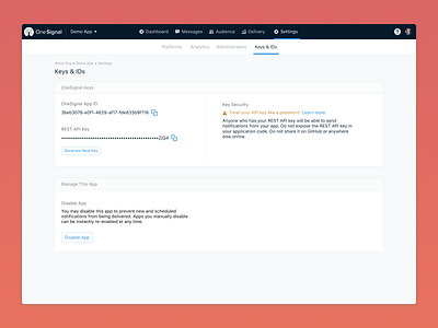 OneSignal Settings Keys & IDs Redesign api app cleanup console copy dashboard disable enable id key notif notification notifications onesignal redesign settings simplify userfriendly ux web