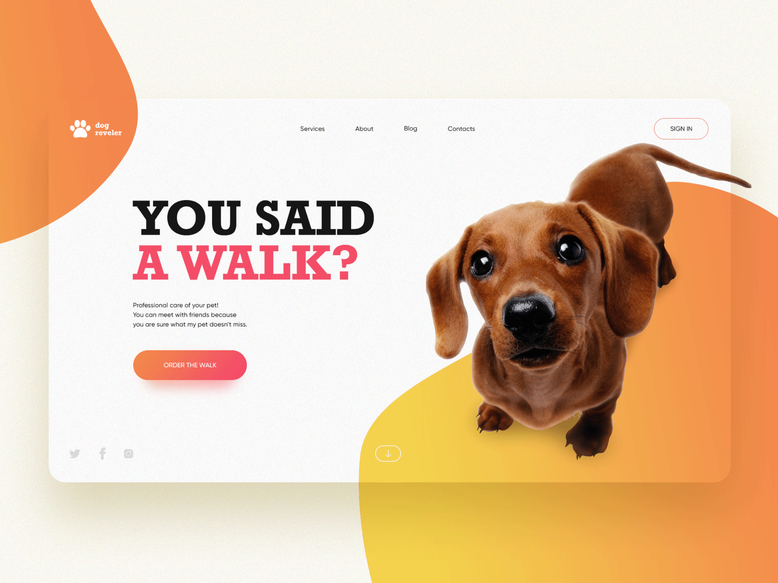 Dog reveler First page anima concept dachshund daily design dog dog reveler dribbble happy dog home page homepage hotdog landing page orange pet pets reveler ui walk webdesign