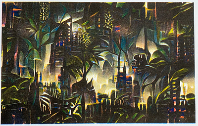 Dark Deco Jungle RISO VQGAN print city cityscape cyberpunk deco futuristic ganart jungle print riso risograph texture vqgan