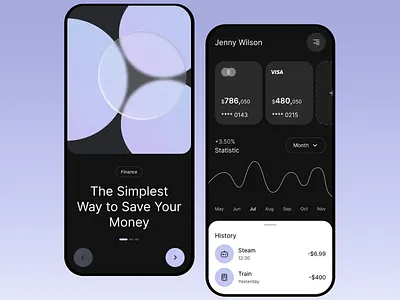 Mobile app for money saving app interface card dark mode easy navigation finance app financial management fintech mobile app design mobile banking modern ui money saving money transfer savings app savings goal software staats transactions user experience user interface visa