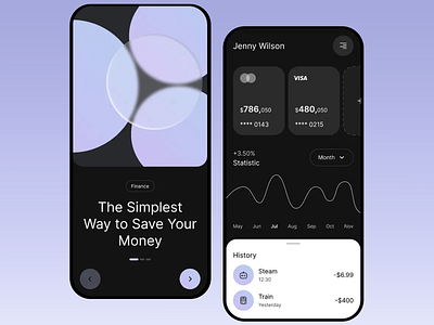 Mobile app for money saving app interface card dark mode easy navigation finance app financial management fintech mobile app design mobile banking modern ui money saving money transfer savings app savings goal software staats transactions user experience user interface visa