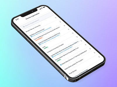 Organisation Selector app app design clean design gradient hospital ios iphone medic pill product design search selector status ui ux