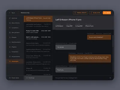 Trip / hotel manager messages app black booking card clean conversation dark dashboard design hotel interface mail message messenger minimal travel trip ui ux web