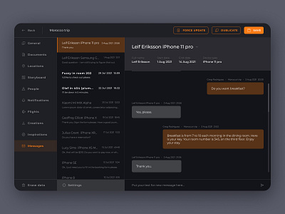 Trip / hotel manager messages app black booking card clean conversation dark dashboard design hotel interface mail message messenger minimal travel trip ui ux web
