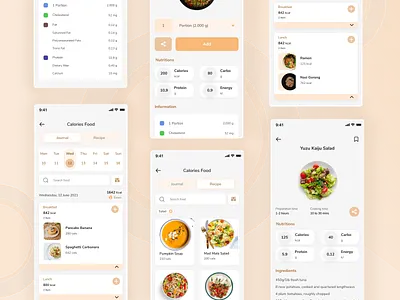 Nutrition Mobile App calorie concept design diet food health healthy app journal mobile mobile design nutrition orange protein recipe search ui uiux