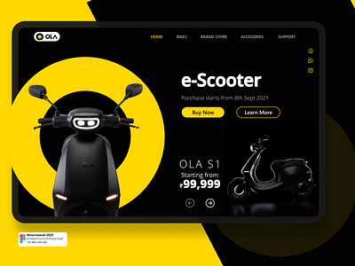 E-Scooter - Landing Page bikes branding clean app dark design e bike landing ola ola bike ola e scooter ola ebike scooter shop typography ui ux yellow yellow bold ecommerce