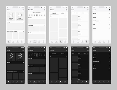 Wireframe ~ Aerial Fitness App app blackandwhite darkmode fitness lightmode mode navigation ui wireframe