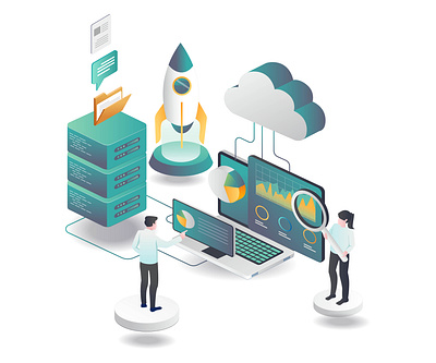 data analytics and rocket launching 3d analytics bigdata character cloud design flat design graphic design home page illustration isometric landing page launching logo modern motion graphics security ui web design webserver