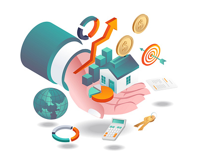 Real estate investment and pie chart on hand character design flat design futuristic hand home home page illustration infographics investment isometric landing page logo modern realestate ui web design