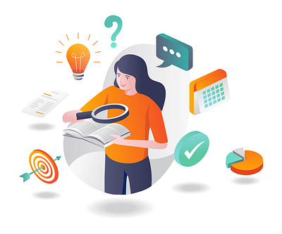 Girls get ideas from looking for information in books 3d book calendar character chat design flat design graphic design home page illustration information isometric landing page logo modern searching ui web design