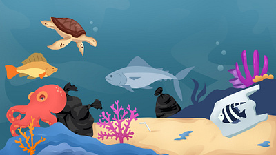 Underwater life that has been polluted by plastic waste animation art branding design flat flatdesign graphic design icon illustration motion graphics ui vector