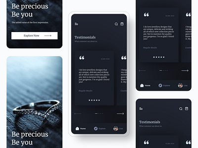 Testimonials App Screen app appdesign cards dailyui dailyui 039 darkui design jewelery minimal mobile screens premium testimonial testimonials ui uidesign uiux ux