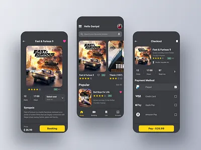 Cinema Booking App UI Design 3dapp app cards clean colourful dailyui dark design graphicdesign ios minimal minimalism minimalist mobileui modern trendy ui uiux vibrant webapp