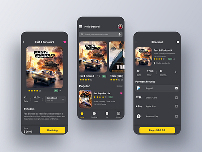 Cinema Booking App UI Design 3dapp app cards clean colourful dailyui dark design graphicdesign ios minimal minimalism minimalist mobileui modern trendy ui uiux vibrant webapp