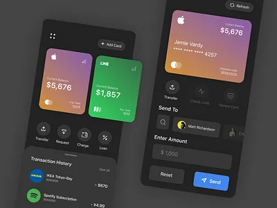 Credit Card Management App apple card design credit card dark mode finance app ui dark mode ui finance app finance app ui finance ui ios app ui mobile design money management simple ui transfer money ui design ui ux ux design