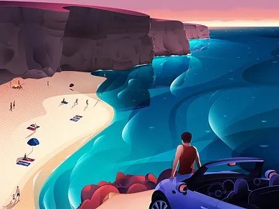 Praia De Benagil Travel Poster adventure beach cody muir illustration mini cooper nature ocean portugal travel travel poster vacation vector