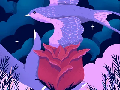 Rose & Bird bird colorful colors drawing editorial freelance illustration moon pint plants poster printable procreate rose sky