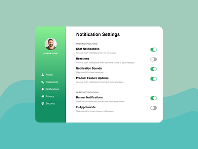 Daily UI 007 - Settings branding challenge dailyui dailyui7 dailyuichallenge design gradient graphic design green illustration ipad logo notifications profile settings ui ux