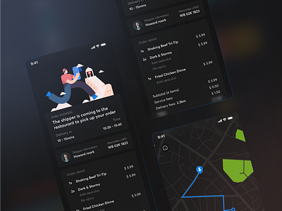 Food Order Tracking Screen app design dark theme dark ui delivery dish food food order meal mobile order status order tracking ordering app