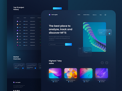 NFTS Track and Analyze - Landing Page art bitcoin crypto cryptocurrency dark dark mode design eth header landing page nfts trade ui uidesign uiux web design website