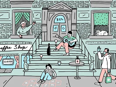 Stoop Life black outline covid digital illustration drawing editorial illustration minimal palette neighbors new york city pandemic people procreate stoop