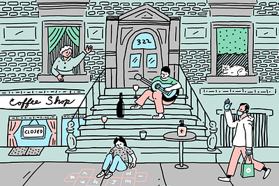 Stoop Life black outline covid digital illustration drawing editorial illustration minimal palette neighbors new york city pandemic people procreate stoop