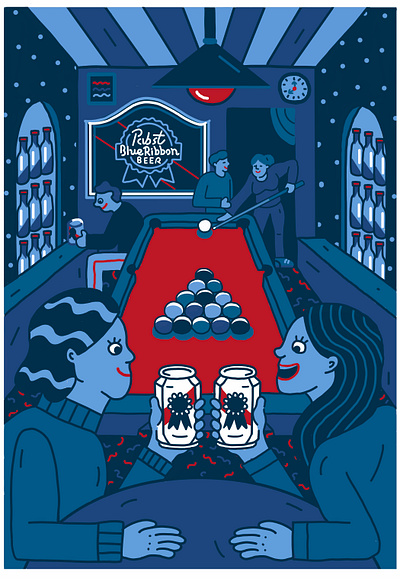 Ode to a Dive Bar beer label branding design drinking illustration minimal palette night on the town night scene package design packaging pool table procreate