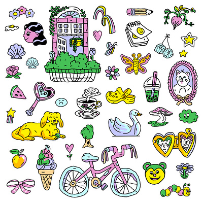 Sticker Sheet Ideas bicycle bike butterfly cartoon colorful design illustration procreate sticker stickers window