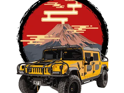 Hummer and Fuji Moutain in sunset ai branding design fuji hummer illustration logo t shirt vector