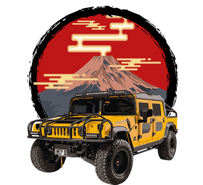 Hummer and Fuji Moutain in sunset ai branding design fuji hummer illustration logo t shirt vector